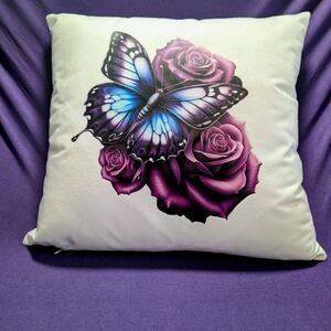 Butterfly & Purple Roses Decorative Throw Pillow